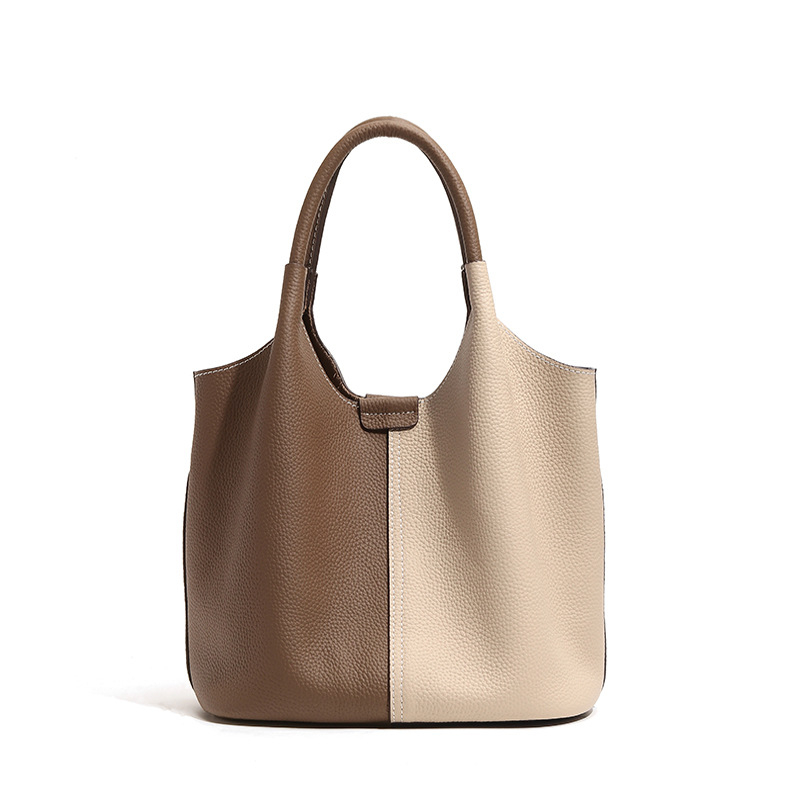 Tote torba od prave kože za žene, široka naramenica, dizajn boje blokova, crossbody torba