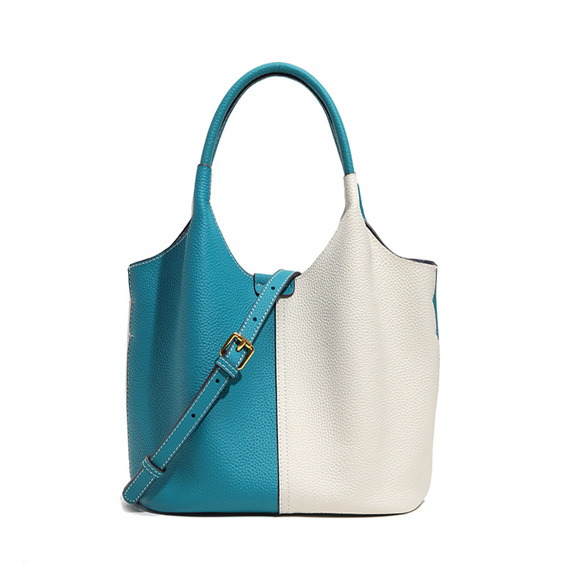 Tote torba od prave kože za žene, široka naramenica, dizajn boje blokova, crossbody torba
