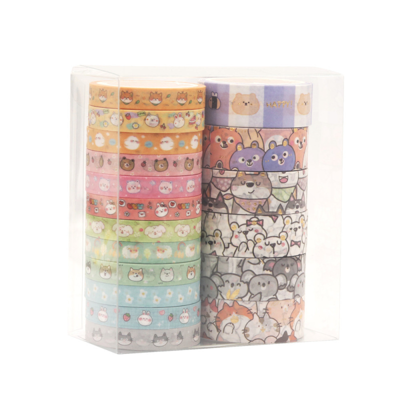 Bandă washi cu animale drăguțe, folie aurie, bandă decorativă pentru jurnal, lungime 5 m, lățimi 7,5 mm și 15 mm
