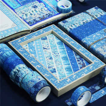Bandă Washi cu imprimeu de iarnă, 10 role, bandă subțire cu folie auriu pentru journaling și decor DIY