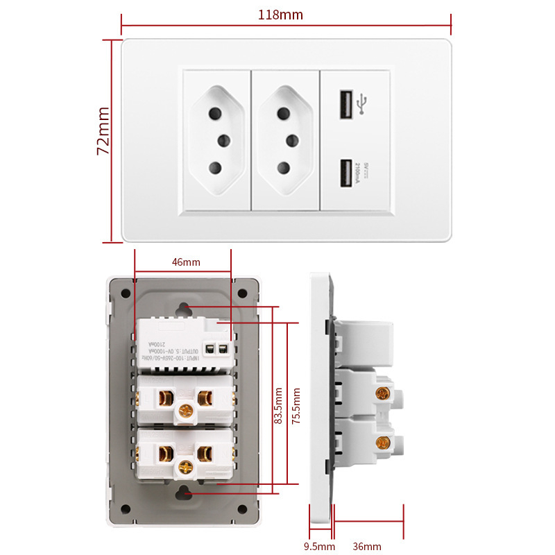 Стенно гнездо с три отвора, USB Type-C, 10A, Бразилски стандарт, сив панел