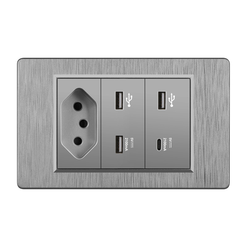 Стенно гнездо с три отвора, USB Type-C, 10A, Бразилски стандарт, сив панел