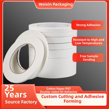 Weixin bandă PET dublu adezivă cu adeziv acrilic, rolă de 50 m, lățime 5–1020 mm, grosime 0.1 mm, hârtie de eliberare albă, potrivită pentru hârtie, plastic, metal și electronice.