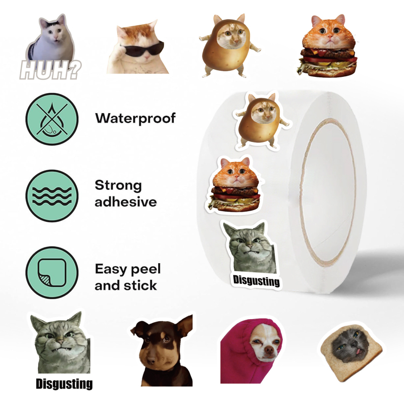 Bandă washi cu emoji de pisică pentru jurnal și decorarea plicurilor – din hârtie japoneză, 500 buc./rolă