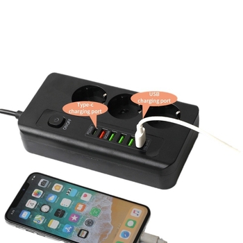 Европейски стандарт разклонител с USB порт и Type-C, защита от пренапрежение, с превключвател