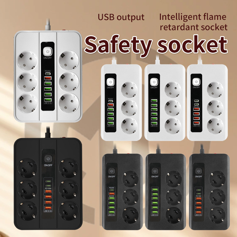 Европейски стандарт разклонител с USB порт и Type-C, защита от пренапрежение, с превключвател