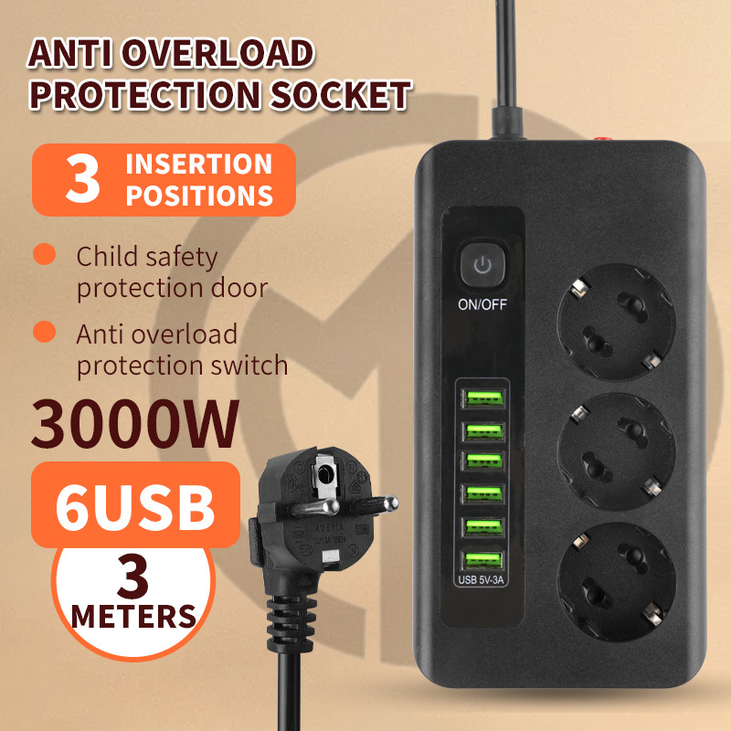 Европейски стандарт разклонител с USB порт и Type-C, защита от пренапрежение, с превключвател