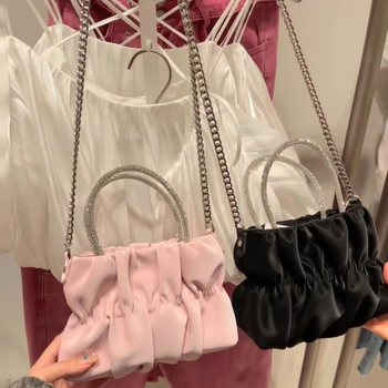 Crossbody torba s kristalima i lancem, plisiran dizajn u stilu oblaka, elegantna ženska torba za ramena, casual i svestrana