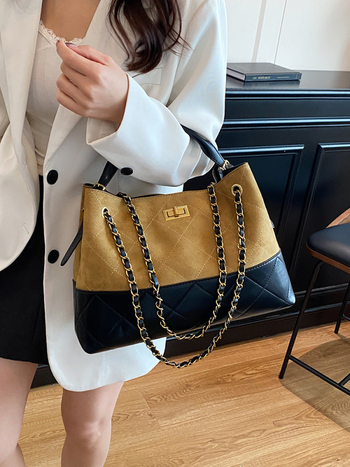 Jesenska patchwork tote torba s dijamantnim šivanjem i lančanim remenom, zatvaračem na kopču, velika kapaciteta, elegantna za ruky ili preko ramena