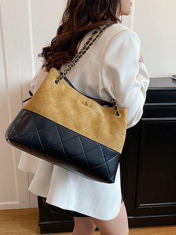Jesenska patchwork tote torba s dijamantnim šivanjem i lančanim remenom, zatvaračem na kopču, velika kapaciteta, elegantna za ruky ili preko ramena