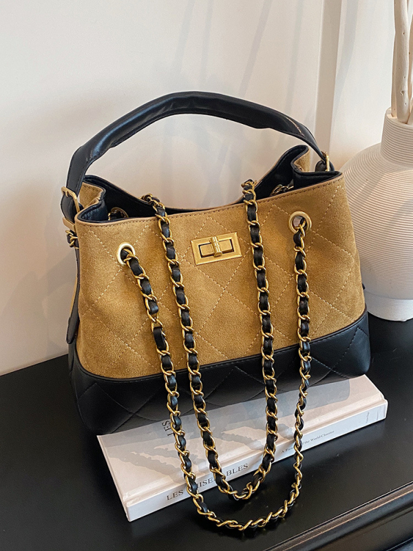 Jesenska patchwork tote torba s dijamantnim šivanjem i lančanim remenom, zatvaračem na kopču, velika kapaciteta, elegantna za ruky ili preko ramena