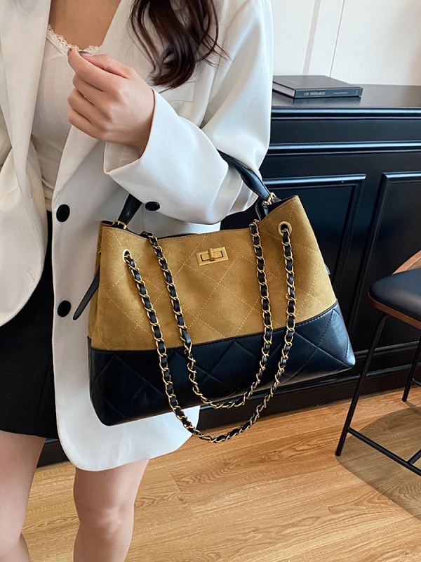 Jesenska patchwork tote torba s dijamantnim šivanjem i lančanim remenom, zatvaračem na kopču, velika kapaciteta, elegantna za ruky ili preko ramena