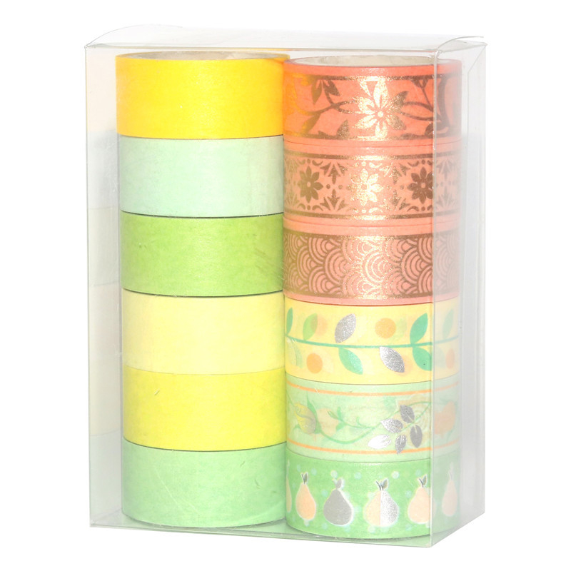 12 role de bandă Washi în nuanțe portocaliu-verde, cu folie auriu și argintiu, pentru decor DIY al jurnalului