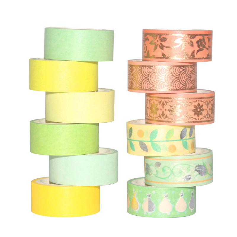 12 role de bandă Washi în nuanțe portocaliu-verde, cu folie auriu și argintiu, pentru decor DIY al jurnalului