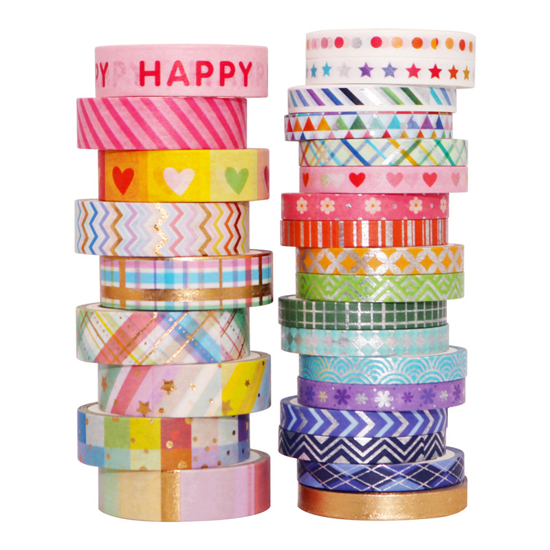 Set de benzi decorative pentru DIY, 27 role subțiri în nuanțe curcubeu, cu folie aurie pentru decorarea jurnalului