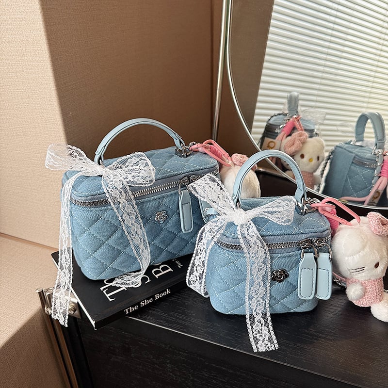Ženska crossbody torba s romboidnim izvezom i čipkom, korejskog stila, kutijasta torba s lancem