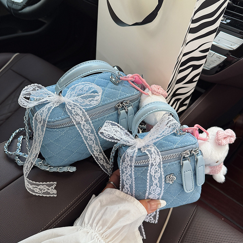 Ženska crossbody torba s romboidnim izvezom i čipkom, korejskog stila, kutijasta torba s lancem