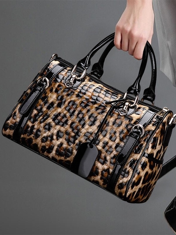 Ženska torbica od prave kože u Boston stilu, leopard uzorak, s ručnim i crossbody nošenjem, velika kapaciteta