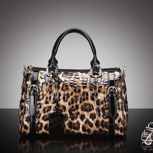 Ženska torbica od prave kože u Boston stilu, leopard uzorak, s ručnim i crossbody nošenjem, velika kapaciteta