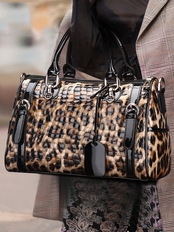 Ženska torbica od prave kože u Boston stilu, leopard uzorak, s ručnim i crossbody nošenjem, velika kapaciteta