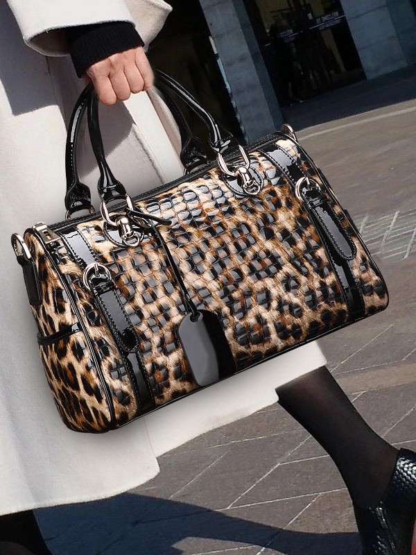Ženska torbica od prave kože u Boston stilu, leopard uzorak, s ručnim i crossbody nošenjem, velika kapaciteta
