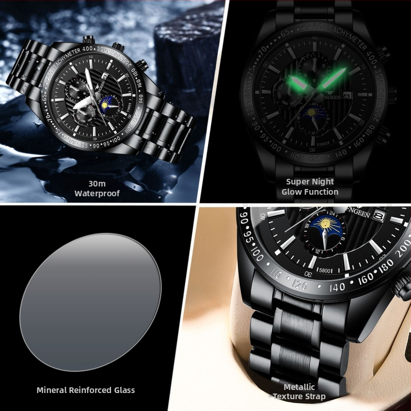 Fenzun férfi diák quartz karóra, 40,5 mm tok, naptár, vízálló 30 m, rozsdamentes acél szíj