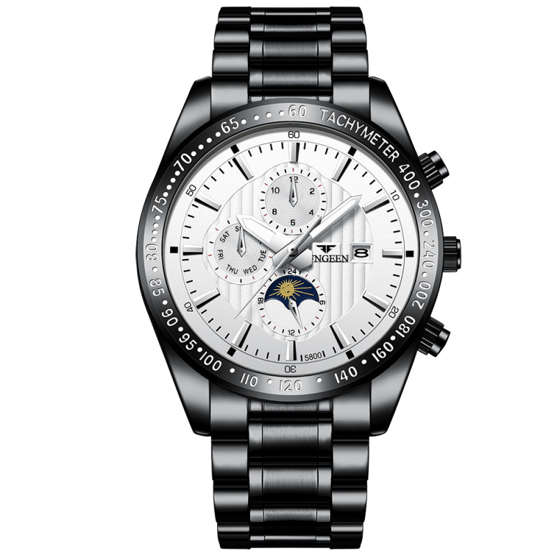 Fenzun férfi diák quartz karóra, 40,5 mm tok, naptár, vízálló 30 m, rozsdamentes acél szíj