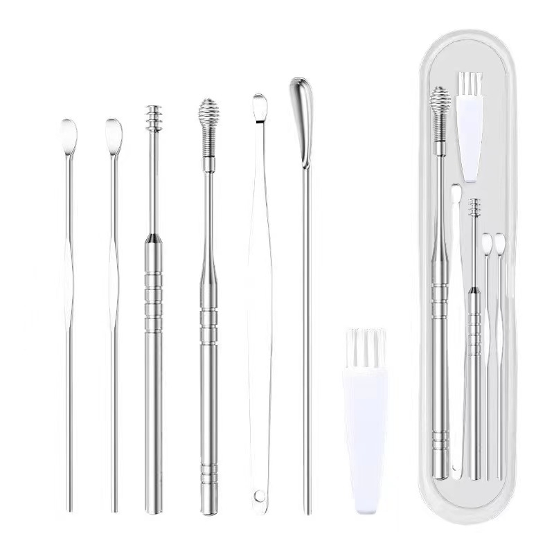 Set de 7 piese din oțel inoxidabil pentru curățarea urechilor, cu linguri spirale