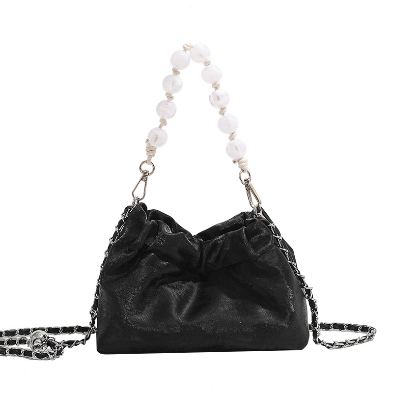 Srebrna plisirana torba s lancem, u stilu kineskog nacionalnog dizajna, novi model 2025, crossbody torba preko ramena, detalj biserne knedle