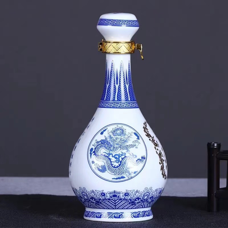 Sticlă ceramică sigilată pentru vin Jingdezhen, albastru-alb, 0,5 kg, etanșă, fără scurgeri