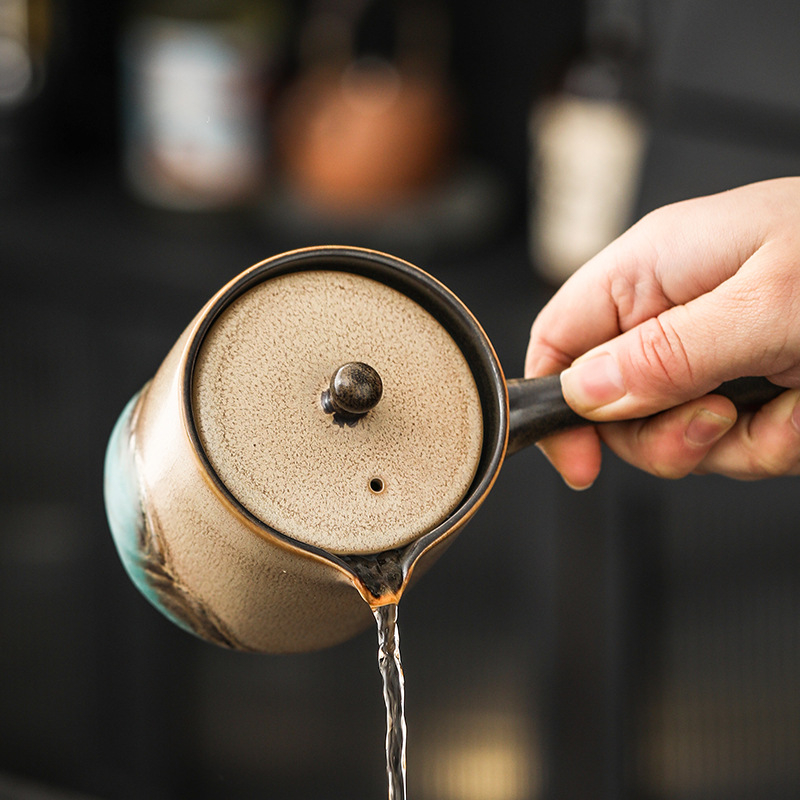 Ceainic Gongfu cu mâner lateral, ceramică cu glazură de cuptor, o singură oală, pentru uz casnic, protecție împotriva arsurilor