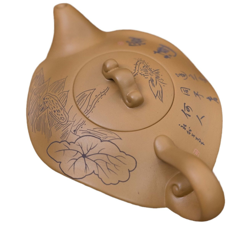 Quan Gui ceainic din lut purpur, lucrat manual, capacitate mare, cu motive gravate fenix și lotus pe lut galben