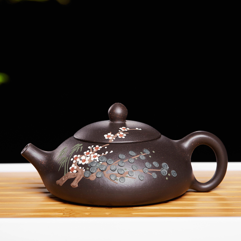 Ceainic Yixing din lut purpuriu, lucrat manual, design cu găuri sferice, stil „Trei prieteni în iarnă“, textură asemănătoare jadului, minimalist modern