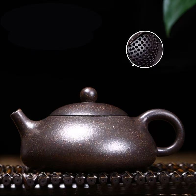 Ceainic Yixing din lut purpuriu, lucrat manual, design cu găuri sferice, stil „Trei prieteni în iarnă“, textură asemănătoare jadului, minimalist modern