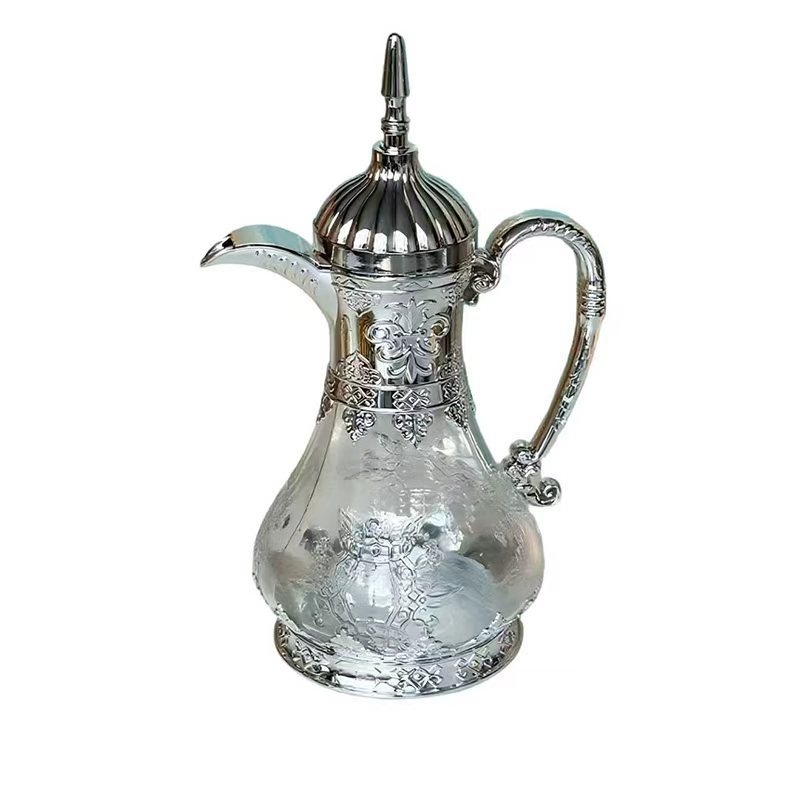 Cană de apă rece din sticlă în stil arab oriental, gravură manuală, margine aurie, model glaciar