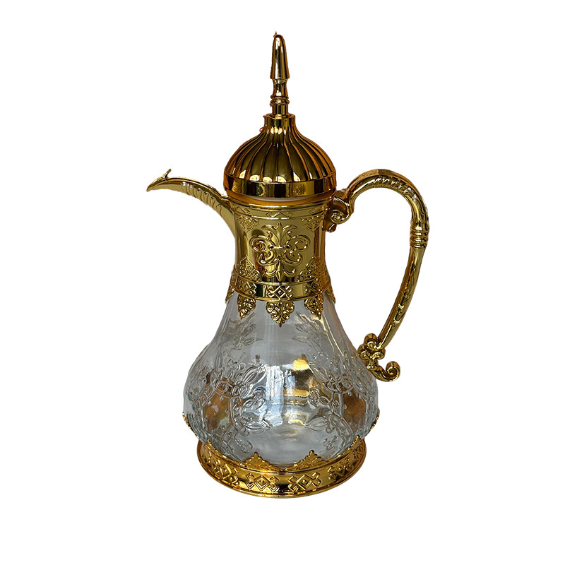 Cană de apă rece din sticlă în stil arab oriental, gravură manuală, margine aurie, model glaciar