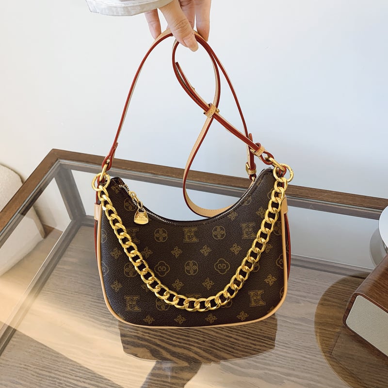 Ženska torbica od PU kože, u obliku polumjeseca, s lančanim remenom, s printsom, novi stil 2025, za rame ili crossbody