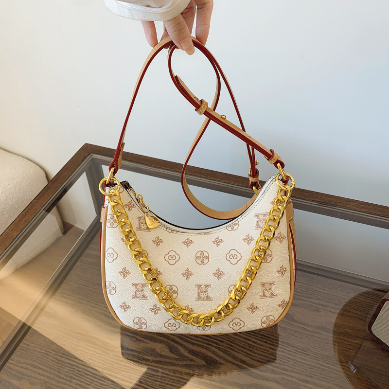 Ženska torbica od PU kože, u obliku polumjeseca, s lančanim remenom, s printsom, novi stil 2025, za rame ili crossbody