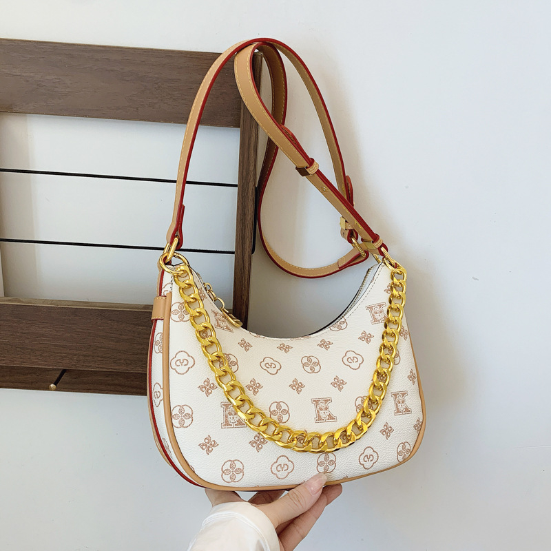 Ženska torbica od PU kože, u obliku polumjeseca, s lančanim remenom, s printsom, novi stil 2025, za rame ili crossbody