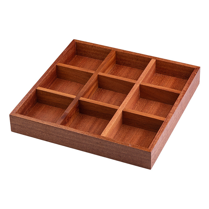 Tavă din lemn pentru ceai cu farfurioare pentru fructe și gustări, compartimente în 9 pătrate, stil retro, diametrul 24 cm