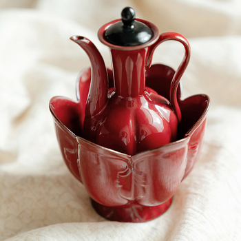 Ceainic ceramic cu mâner, în nuanță roșu ocru, în stilul Dinastiei Song, set ceai Gong Fu