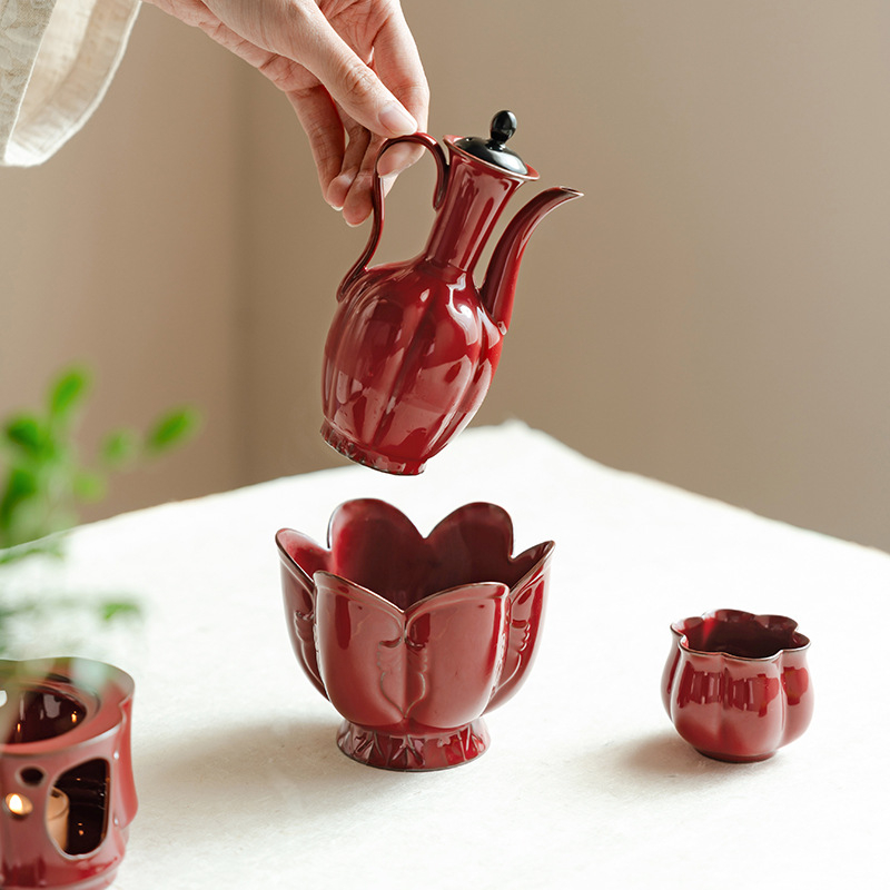 Ceainic ceramic cu mâner, în nuanță roșu ocru, în stilul Dinastiei Song, set ceai Gong Fu