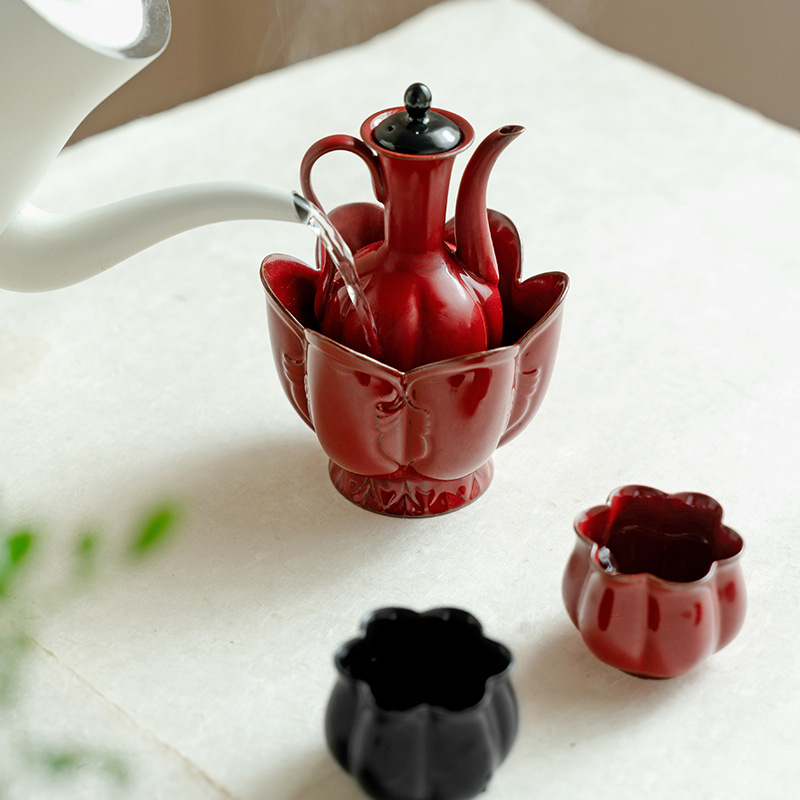 Ceainic ceramic cu mâner, în nuanță roșu ocru, în stilul Dinastiei Song, set ceai Gong Fu