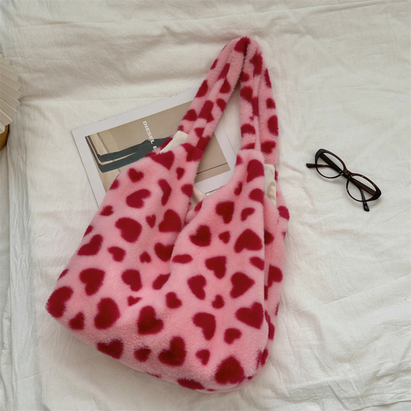 Plišana tote torba sa srcolikim ukrasom, velika kapaciteta, nošenje u ruci ili preko ramena