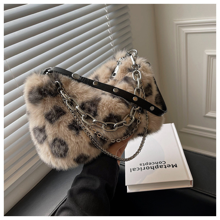 Torba za nošenje s leopardim uzorkom od Rex krzna, lančani remen za crossbody, pliš torba