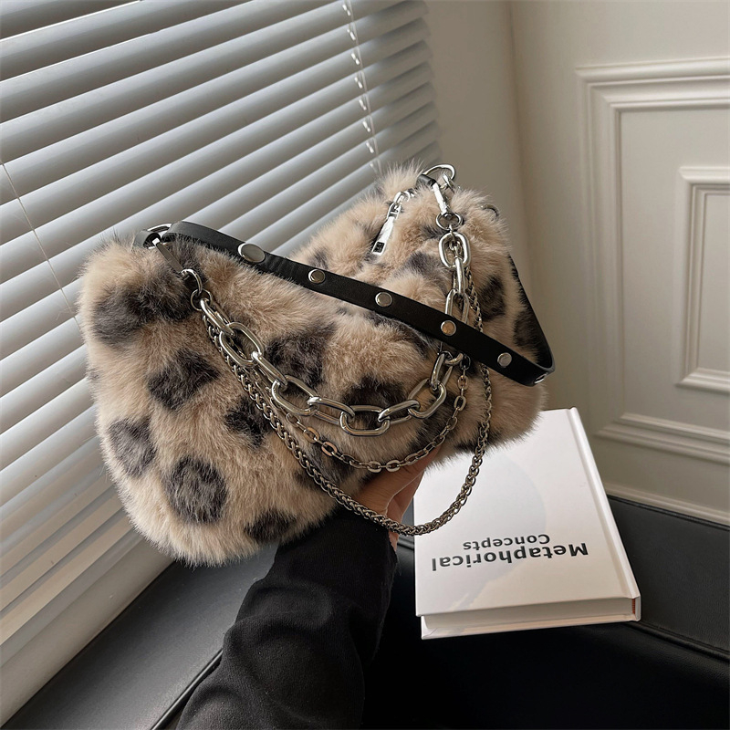 Torba za nošenje s leopardim uzorkom od Rex krzna, lančani remen za crossbody, pliš torba