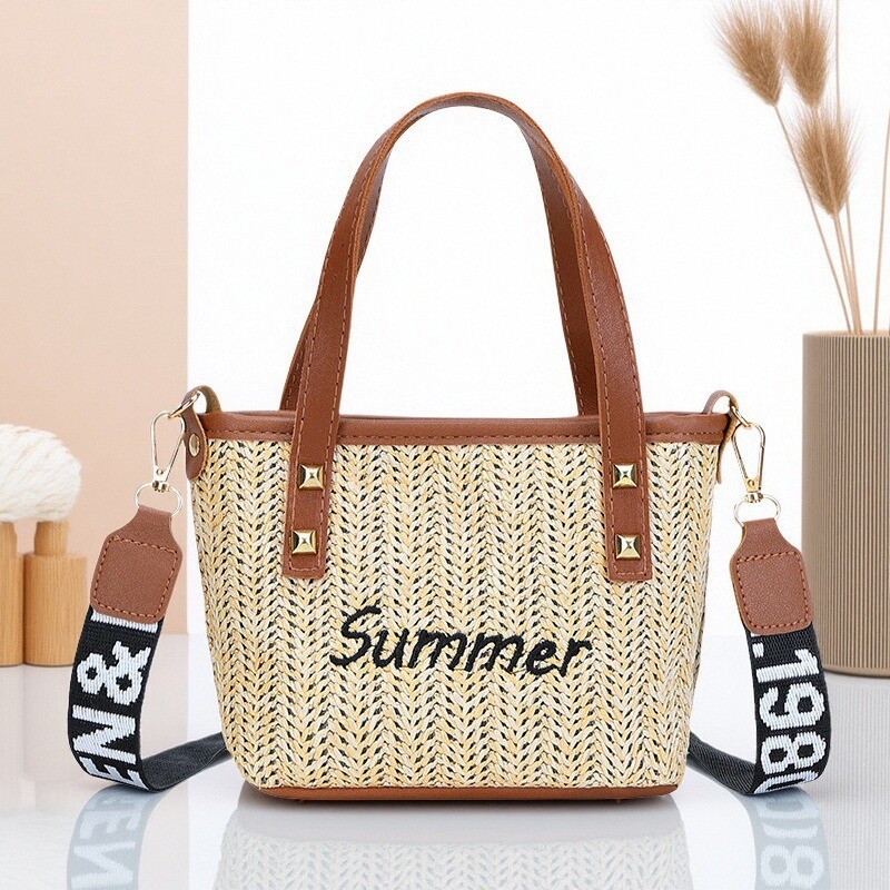 2025 Korejski stil: crossbody torba od slamnate pletenine – PU natpis, ženska torba za plažu