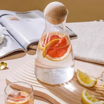 Carafă din sticlă borosilikat pentru apă rece, cu dop din bilă de lemn, stil Nordic – pentru sucuri și băuturi