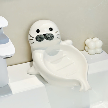 Sapunieră ceramică cu formă de leu de mare, pentru baie, fără găuri de montare