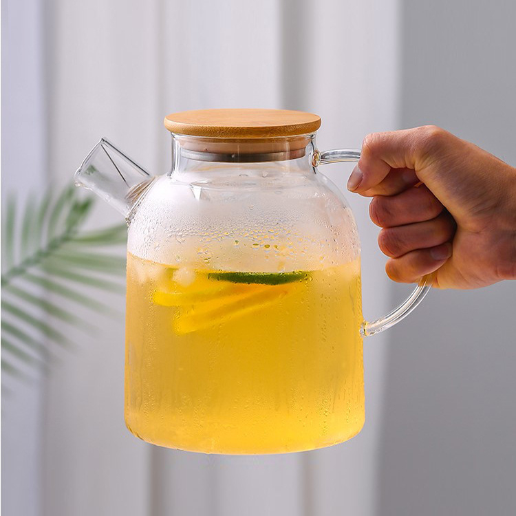 Ceainic din sticlă Nordic, cu capacitate mare, pentru apă rece, ceai de fructe și flori, capac din bambus, set de ceai din sticlă